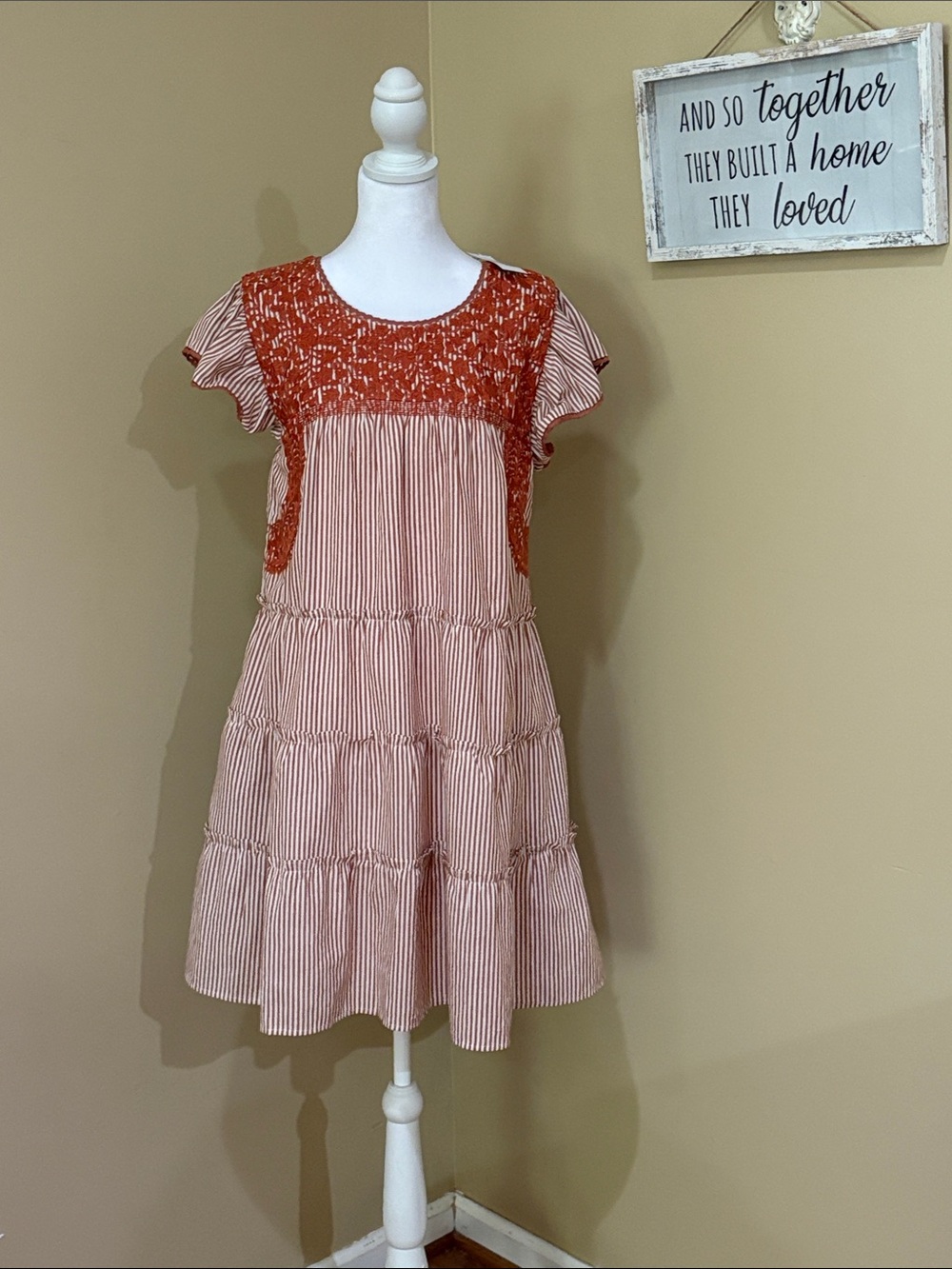 J.Marie Rust & Cream embroidered Smocked Tiered Dress